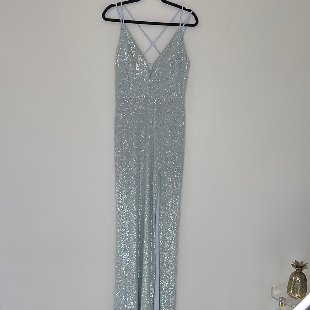 Silver and Blue Maxi Dress with Elegant Design